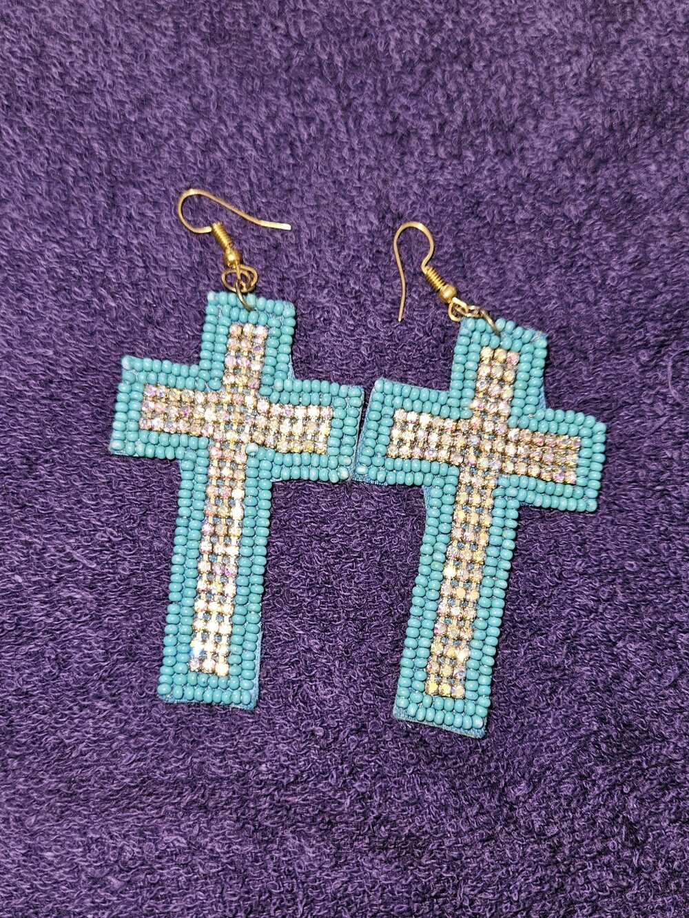 Crystal Glass Beaded Cross Earrings with Gold Accents